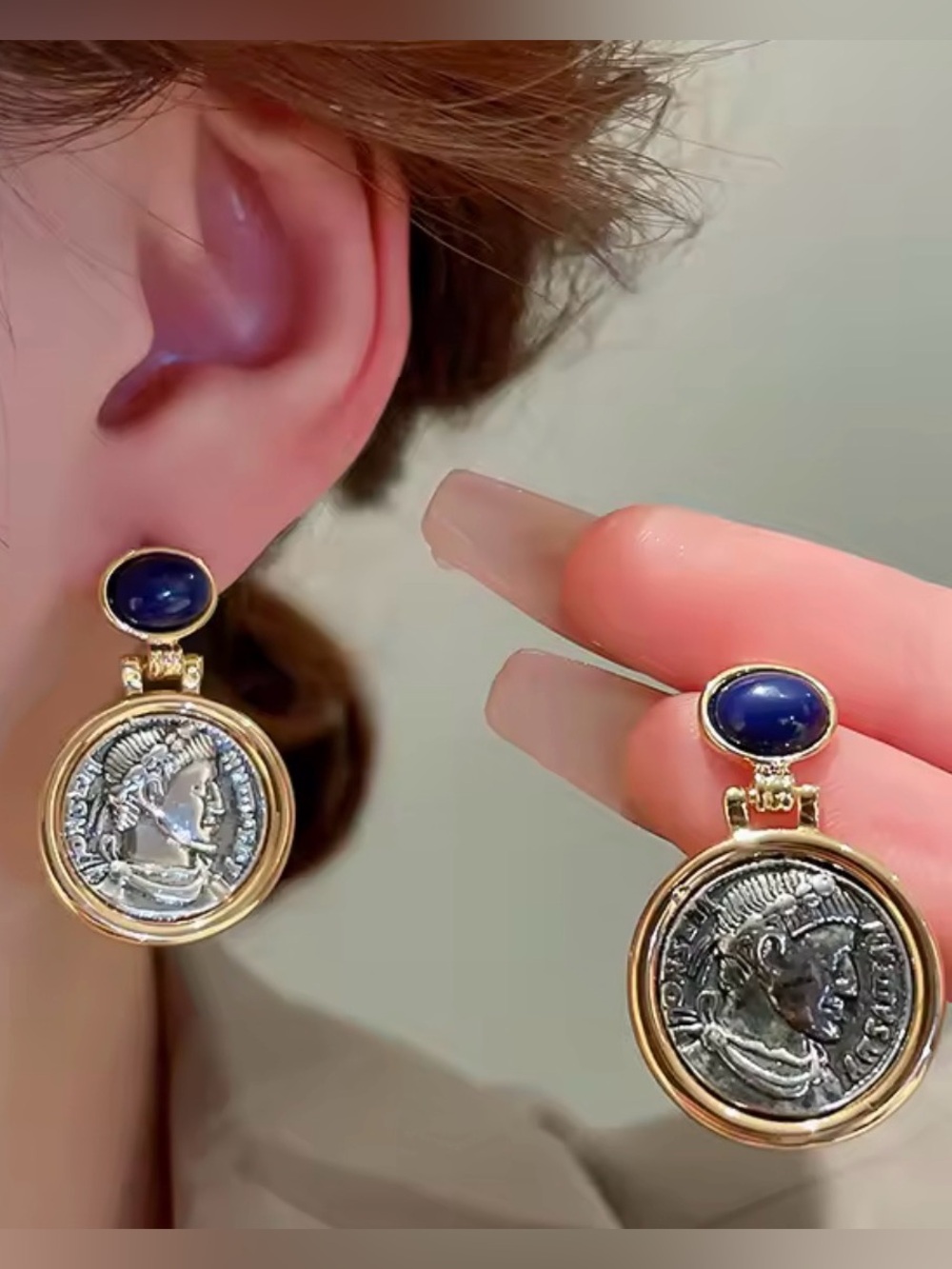 Vintage Coin Dangle Earrings Blue Stone Two Tone Gold Silver Statement Jewelry